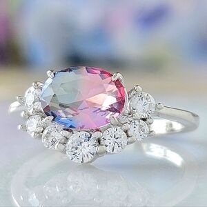Pink & Blue Oval Gemstone Ring, 925 Sterling Silver Charmed Aroma